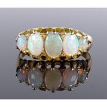 A Victorian 18ct gold 5-stone opal ring, setting height 8.5mm, size Q, 2.8g