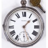 A silver-cased open-face key-wind Waltham pocket watch, engine turned case with subsidiary seconds