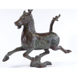 A Chinese verdigris bronze prancing horse, overall length 34cm, height 26cm