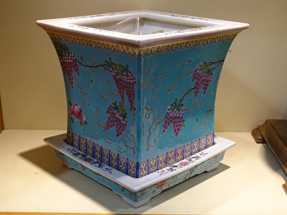 A Chinese dayazhai turquoise ground porcelain jardiniere and stand, hand painted enamel birds and - Image 5 of 14
