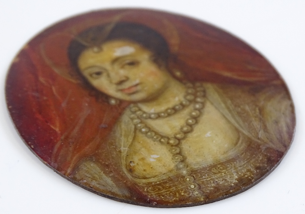 An 18th century miniature oil on copper, head and shoulders portrait of a woman, unsigned - Image 3 of 3