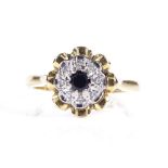 An 18ct gold sapphire and diamond cluster ring, setting height 10mm, size I, 3.2g