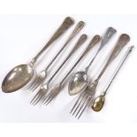 3 Continental silver pickle forks, mid-19th century Danish silver spoon, and other Continental