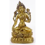 An Oriental gilt-bronze seated Buddha, seated on a lotus flower, traces of original blue paint to