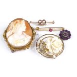 A group of Victorian and later jewellery, including relief carved cameo brooch, a 9ct ruby and