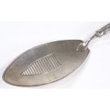 A George III silver fish slice, with pierced grille plate and reeded edge, by Henry Chawner,