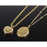 2 9ct gold photo lockets on 9ct chains, 11.1g total