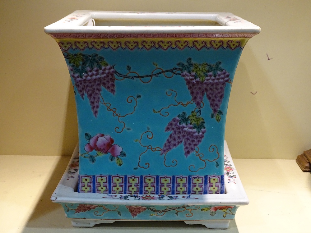 A Chinese dayazhai turquoise ground porcelain jardiniere and stand, hand painted enamel birds and - Image 4 of 14