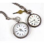 2 19th century gun metal and silver-cased fob watches, on a silver watch chain