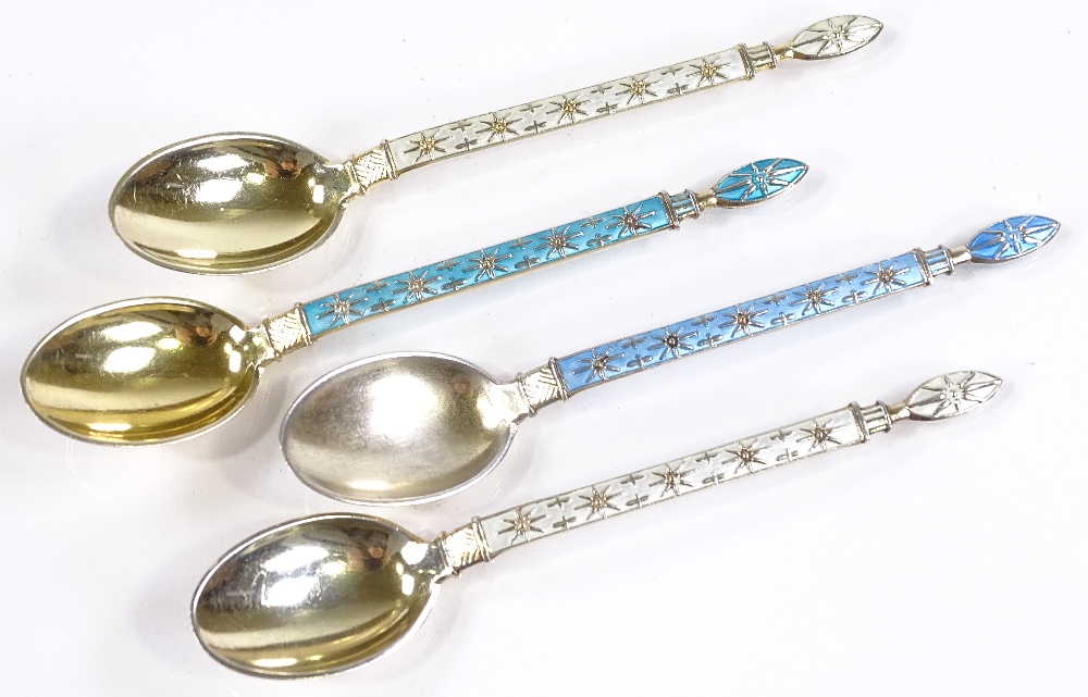 A set of 4 Norwegian silver and enamel teaspoons, by J Tostrup, length 9cm