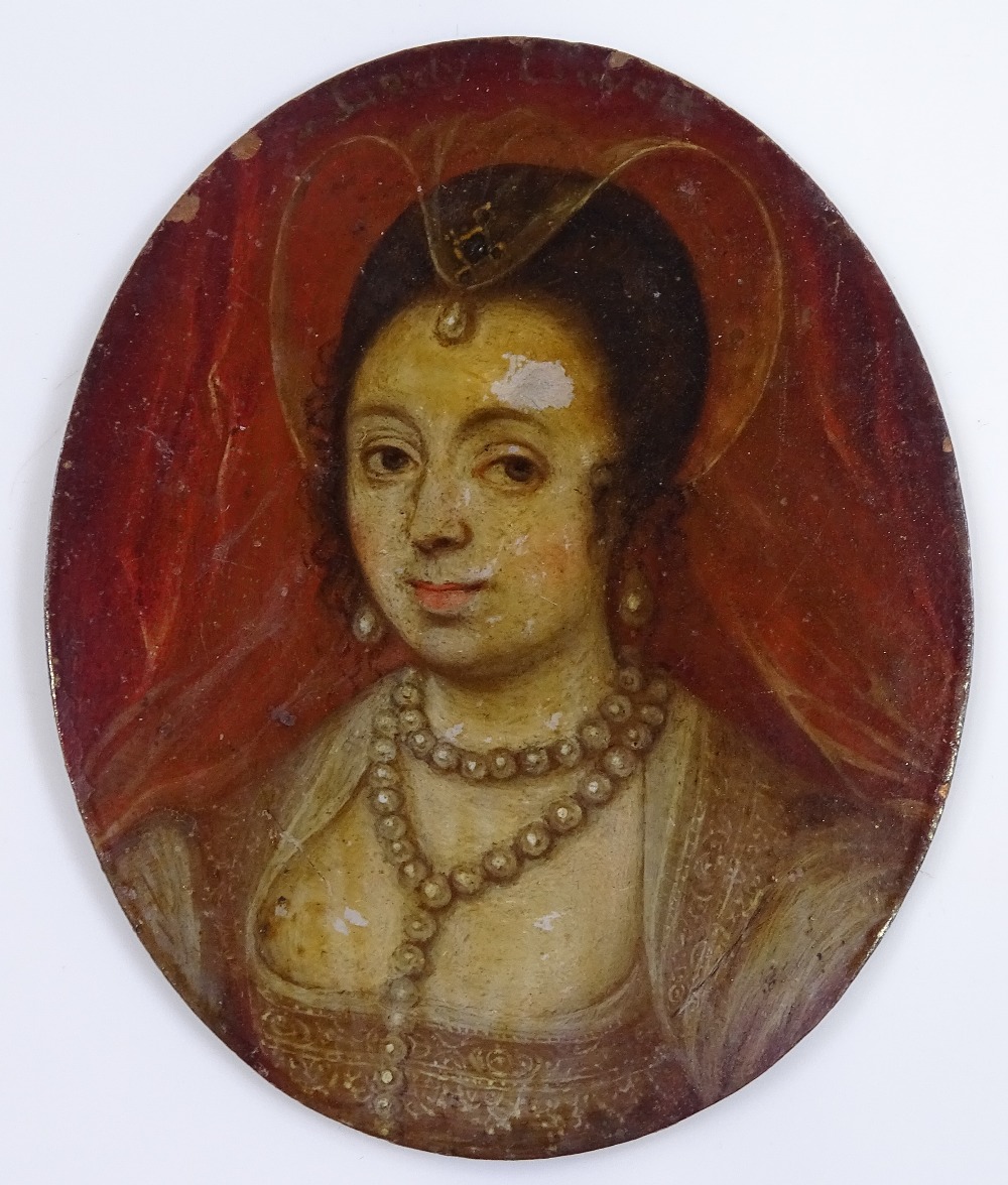 An 18th century miniature oil on copper, head and shoulders portrait of a woman, unsigned