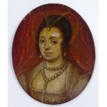 An 18th century miniature oil on copper, head and shoulders portrait of a woman, unsigned