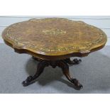 A 19th century walnut and marquetry inlaid centre table, on carved quadruple base, 4' 7" x 3' 6"