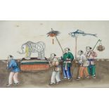 A set of 3 Chinese watercolours on paper, procession scenes, original plain frames, overall
