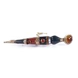 A 9ct gold Scottish Dirk design brooch, with inset hardstones, including bloodstone, agate etc,