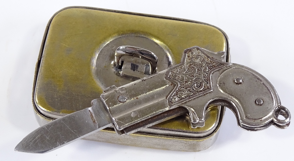 A miniature novelty pistol design penknife, length 4cm, together with a nickel plate Vesta case (2)