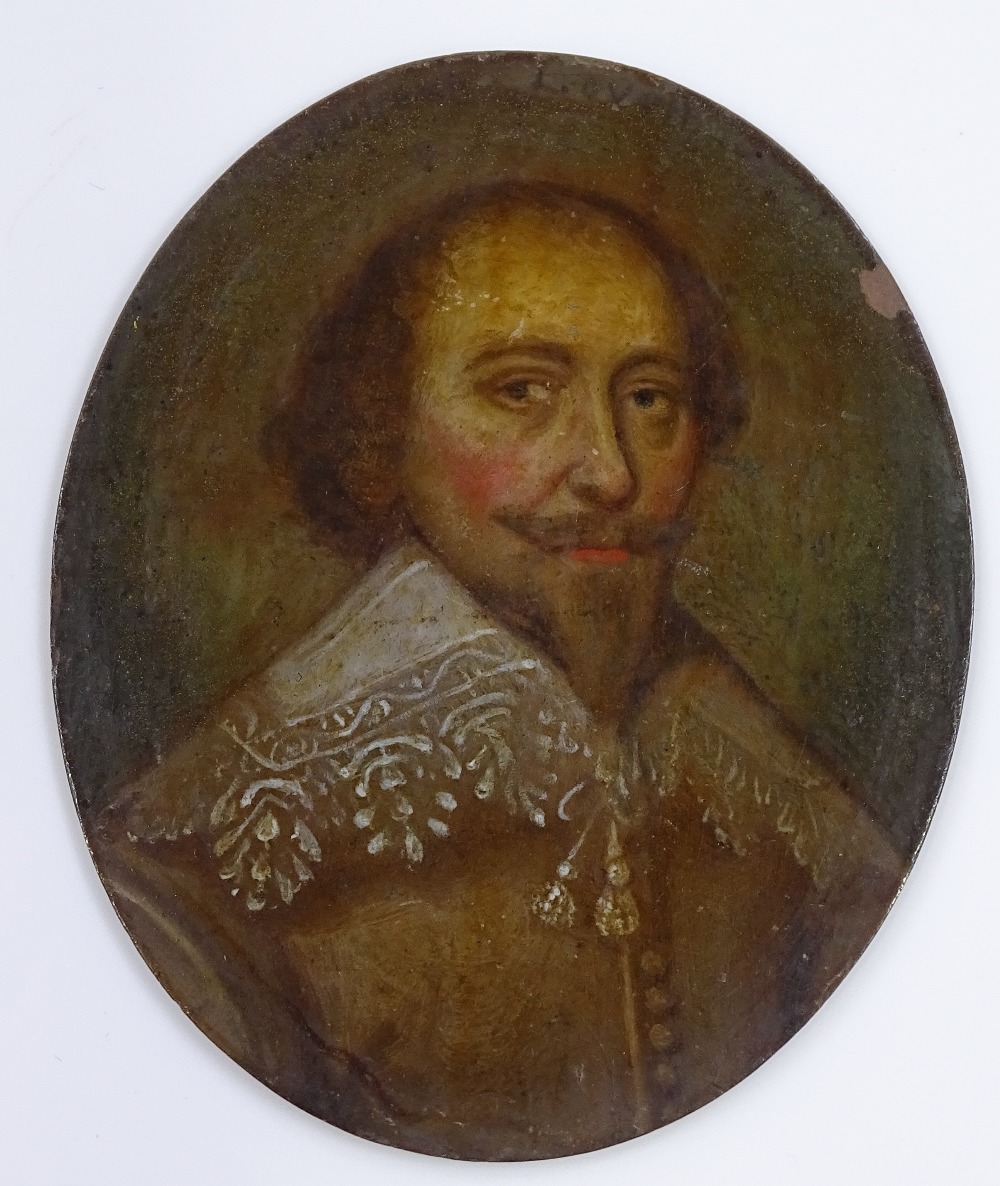 A 17th / 18th century miniature oil on copper, head and shoulders portrait of a gentleman wearing