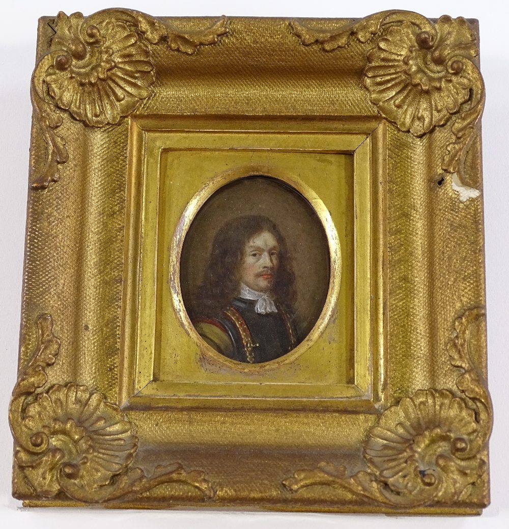 A 17th /18th century miniature oil painting on copper, head and shoulders portrait of a gentleman, - Image 2 of 3