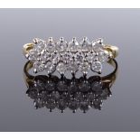 An 18ct gold 3-row diamond cluster ring, setting height 7.5mm, size R, 3g