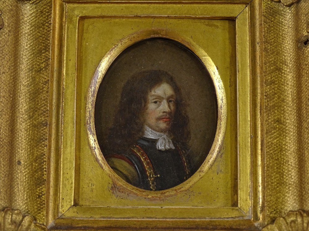 A 17th /18th century miniature oil painting on copper, head and shoulders portrait of a gentleman,