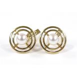 A pair of Mikimoto 14ct gold and pearl disc cufflinks, diameter 16mm, 8.4g