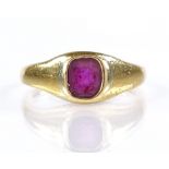 A Victorian unmarked gold ruby signet ring, setting height 7mm, size J, 2.7g