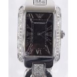 A lady's Emporio Armani Quartz wristwatch, stainless steel case with diamond encrusted bezel,