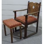 A 1953 oak Coronation stool, and a similar 1930s oak-framed elbow chair (2)