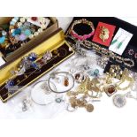 A large quantity of costume jewellery, including Tiger's Eye, silver etc