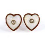 A pair of unmarked gold diamond and coloured enamel heart-shaped earrings, possibly Russian,