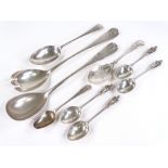 Various English silver spoons, including an 1804 Hester Bateman teaspoon, and a pair of large silver