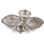 4 silver bonbon and butter dishes, largest shell dish length 12cm, 4.7oz total