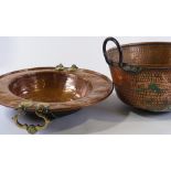 2 large embossed copper 2-handled bowls, largest diameter 48cm