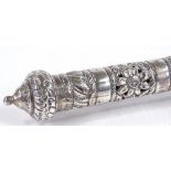 An Indian white metal cylindrical scroll holder, with relief embossed decoration and pierced body,