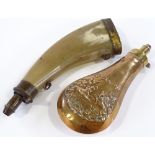 A 19th century horn powder flask, length 24cm, and a Victorian relief embossed copper shot flask (2)