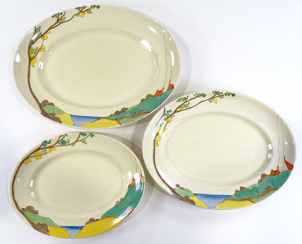 A graduated set of 3 Clarice Cliff Bizarre Red Roof pattern meat plates, largest length 42cm - Image 2 of 3