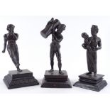 3 Oriental patinated bronze sculptures depicting village figures, on carved hardwood bases,