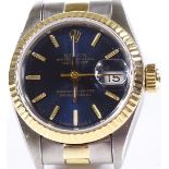 A lady's Rolex Oyster Perpetual Datejust wristwatch, 2-tone stainless steel and gold case, with blue