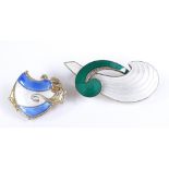 2 Scandinavian sterling silver and enamel brooches, largest length 50.2mm, 14.7g total