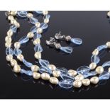 A triple-strand cultured pearl and blue glass necklace and earring set, necklace length 430mm (2)