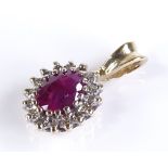 A 9ct gold ruby and diamond cluster pedant, height 18mm, 1.5g