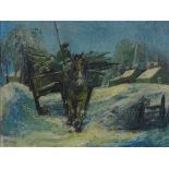 Mid-20th century, oil on canvas, horse drawn timber cart, indistinctly signed, 16" x 20", framed