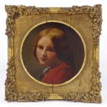 19th century oil on canvas board, head and shoulders portrait of a girl in red, tondo, unsigned,