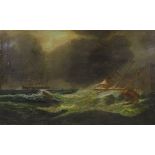 19th century English School, oil on canvas, shipwreck by moonlight, unsigned, 16" x 26", framed