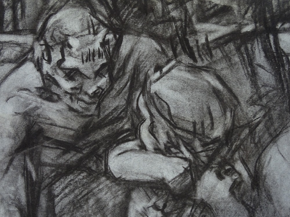 Modern British School circa 1930s, charcoal on blue paper, Satyr and cherub, 15.5" x 11", mounted - Image 3 of 4