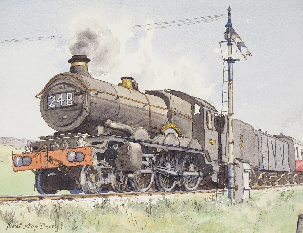 Maurice Martin, watercolour, steam locomotive, 10" x 14", mounted