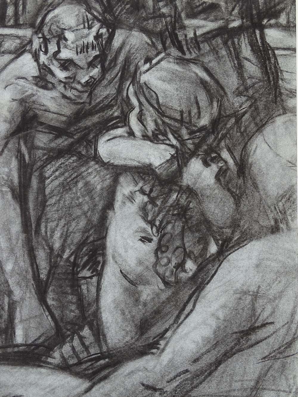 Modern British School circa 1930s, charcoal on blue paper, Satyr and cherub, 15.5" x 11", mounted