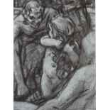 Modern British School circa 1930s, charcoal on blue paper, Satyr and cherub, 15.5" x 11", mounted