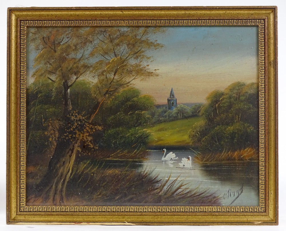 Bernard Schumacher, 2 etchings, village scenes, together with a 19th century oil on board, swans