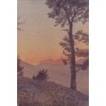 Reginald Morphew (1874 - 1971), watercolour, hilltop at sunset, 1927, 14.5" x 10", framed